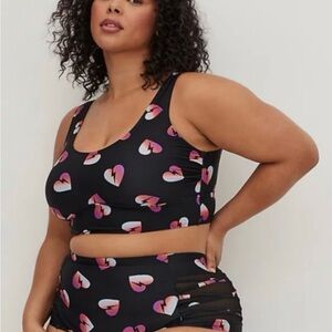 Torrid Black Heart Print Swim Top Size 3 and High Waist Bottoms Size 2